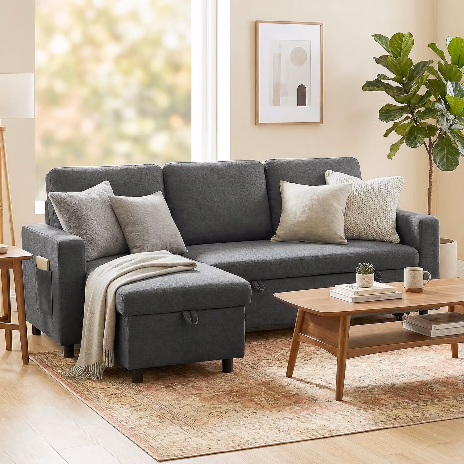 HOMCOM 3 Seater Pull Out Sofa Bed with Reversible Chaise, Storage and Side Pockets, Charcoal Grey Linen-look Upholstery – 2
