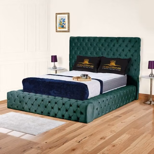 UK Bed Furniture Ambassador Ottoman Gas Lift Upholstered Velvet Bed in Green, Size: Double (140 x 200 cm)