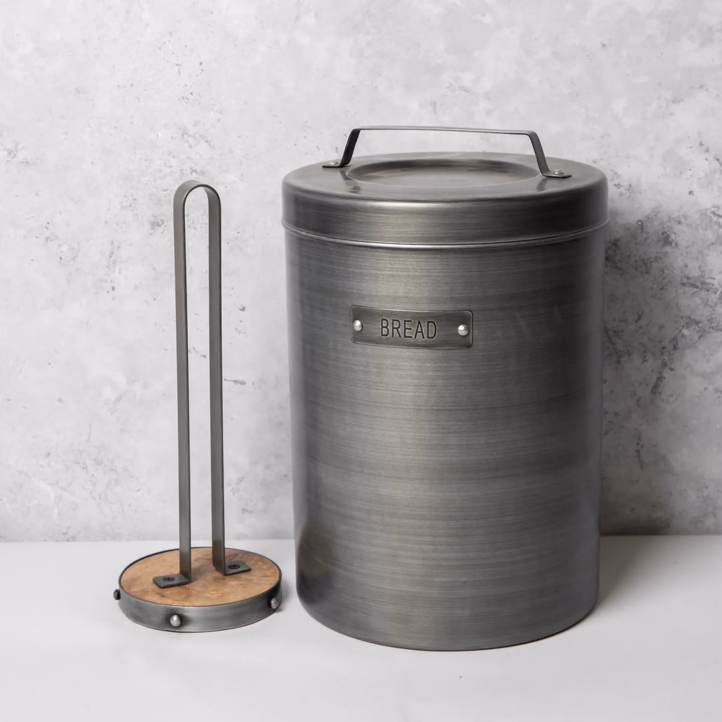 KitchenCraft Industrial Kitchen 2-Piece Set in Grey, including Metal Bread Bin (W: 23 cm, D: 34.5 cm) and Kitchen Towel Holder (H: 31 cm) – 2