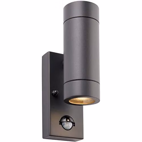 Loops Twin Up & Down Wall Light with PIR Motion Sensor, Anthracite Grey Stainless Steel and Transparent Glass, IP44 Rated, GU10 LED Compatible
