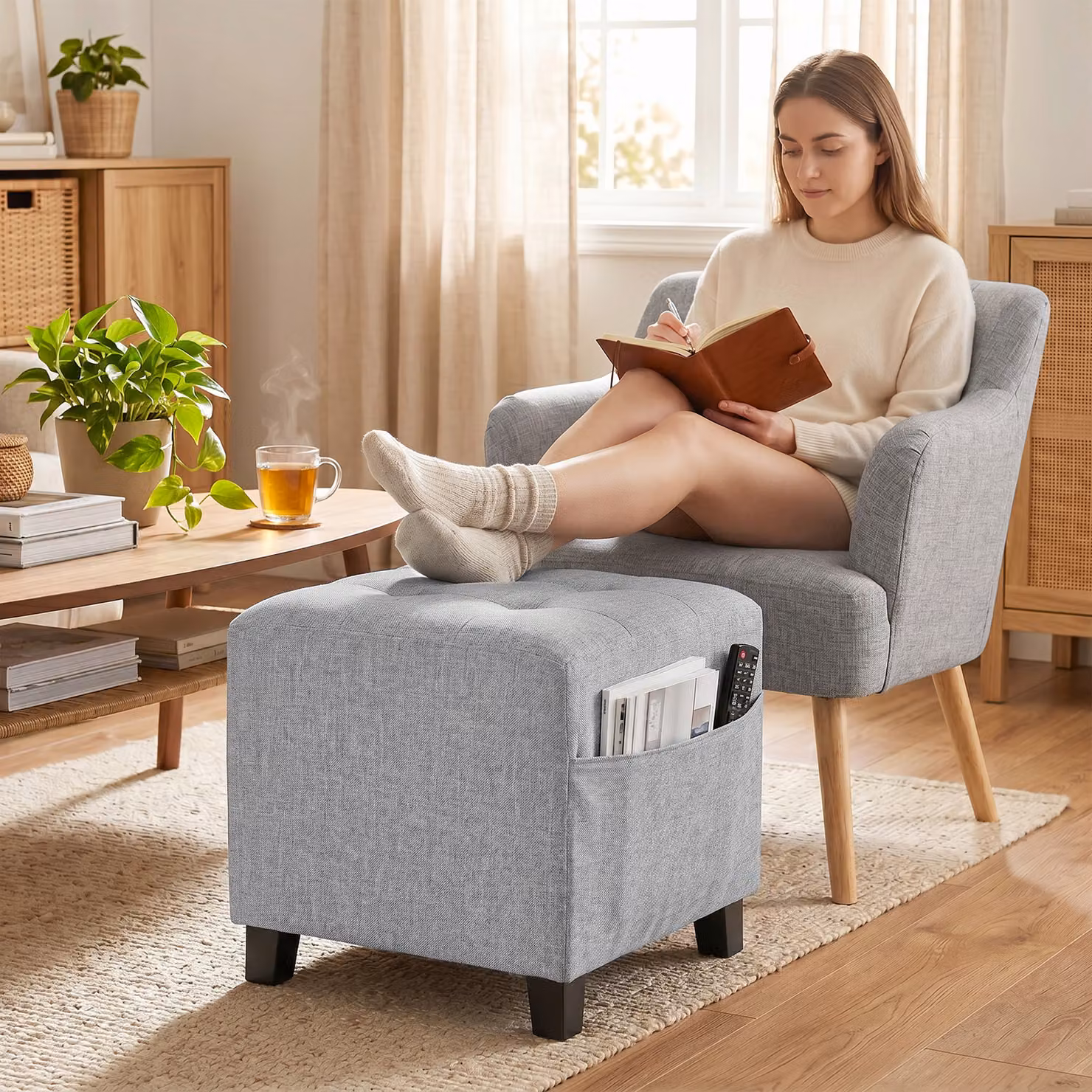 HOMCOM Square Linen Fabric Ottoman with Side Pocket and Rubberwood Legs, Light Grey, W/D/H: 35 x 35 x 35 cm – 2