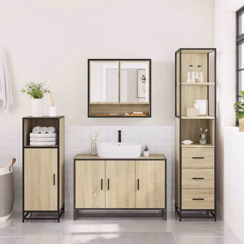Berkfield Home 3 Piece Industrial Bathroom Furniture Set in Sonoma Oak and Brown – 3