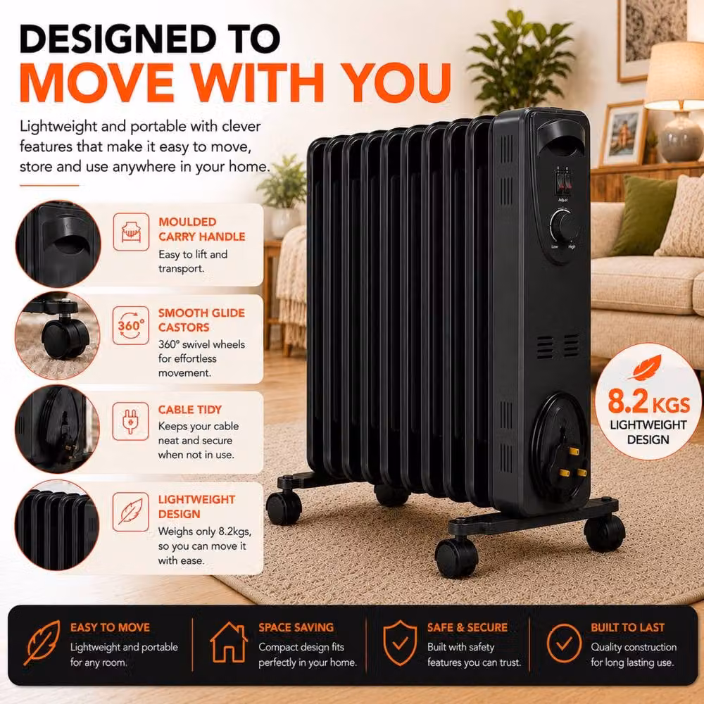 MYLEK 2.5kW Electric Oil Filled Radiator with Adjustable Thermostat in Black – 4