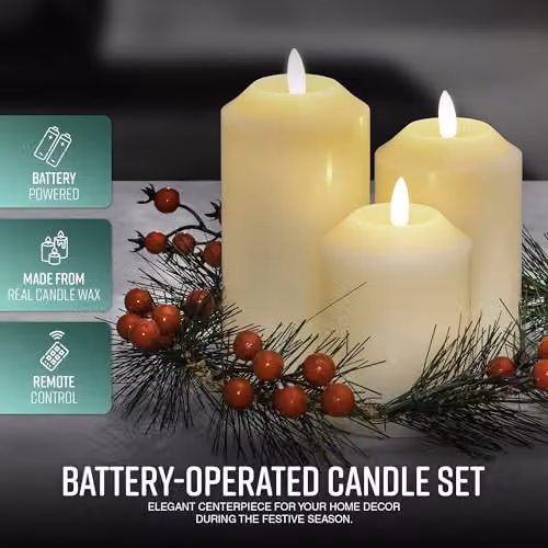 Globrite 3-Pack Flickering Flameless LED Candles with Berry Wreath Christmas Decorations in Beige, White and Multicolour – 3