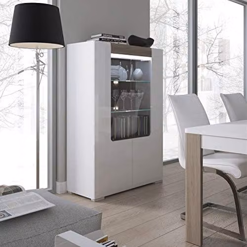 Furniture To Go Toronto Low Glossy White Oak 2 Door Display Cabinet with Glass Doors, Internal Shelves and Integrated Lighting – 2