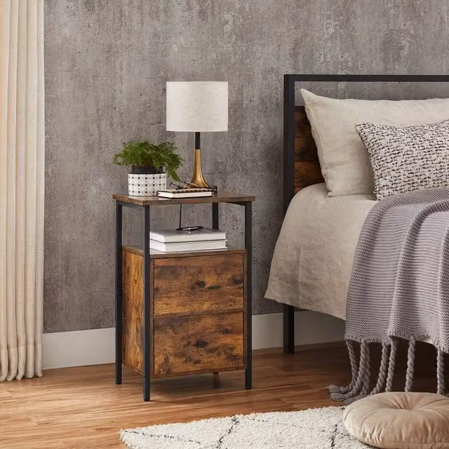 KORVIXA Brown Bedside Table and Sofa Table with 2 Drawers, W: 100 cm