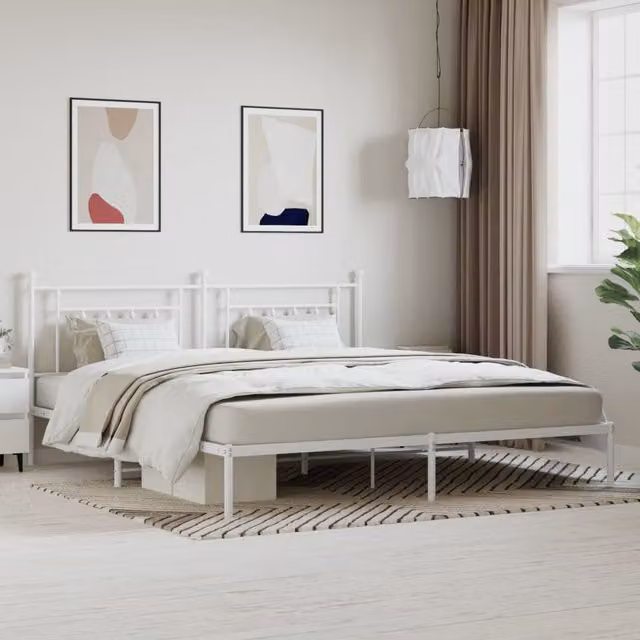 Berkfield Home Metal Bed Frame with Headboard, White, W: 193 cm, D: 203 cm – 1
