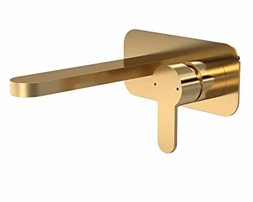 nuie ARV828 Arvan Modern Bathroom Round Wall Mount 2 Tap Hole Basin Mixer Tap with Single Lever Handle and Back Plate, Brushed Brass