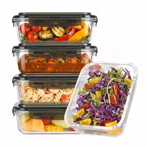 MantraRaj 5 Pack Glass Food Storage Containers with Airtight Blue Silicone Lids, 1100ml Each, BPA Free and Leakproof
