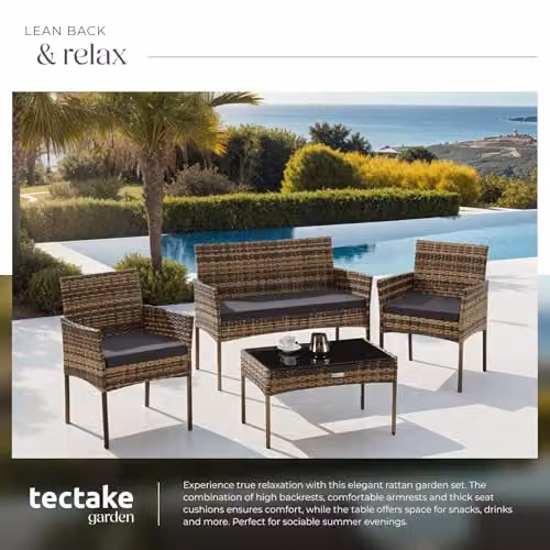 tectake 4-Seater Rattan Garden Furniture Set with 2-Seater Sofa, 2 Lounge Armchairs, Coffee Table and Upholstered Cushions in Grey and Brown – 4