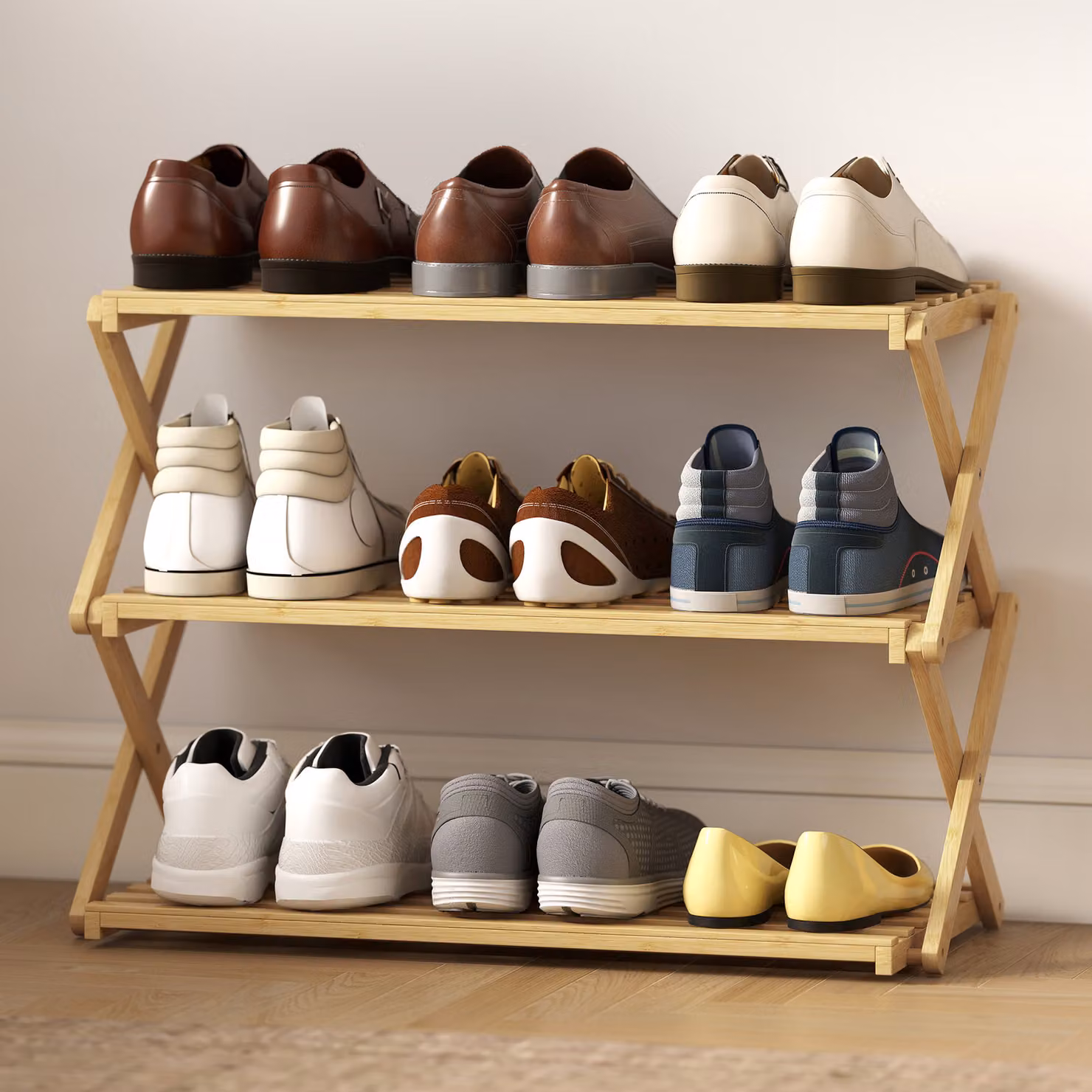 HOMCOM 3-Tier Bamboo Shoe Rack in Beige – 4