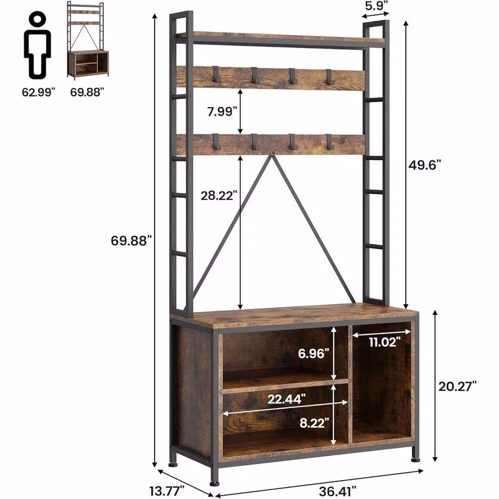 KORVIXA Brown 5 in 1 Hall Tree Bench with Coat Rack and Shoe Storage, Width: 90 cm – 2