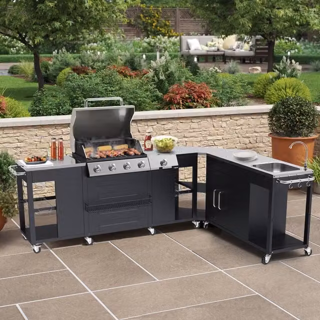 BillyOh Indiana 4 Burner Gas BBQ Kitchen in Black with Stainless Steel Finish, Side Burner, Warming Rack and Wheels