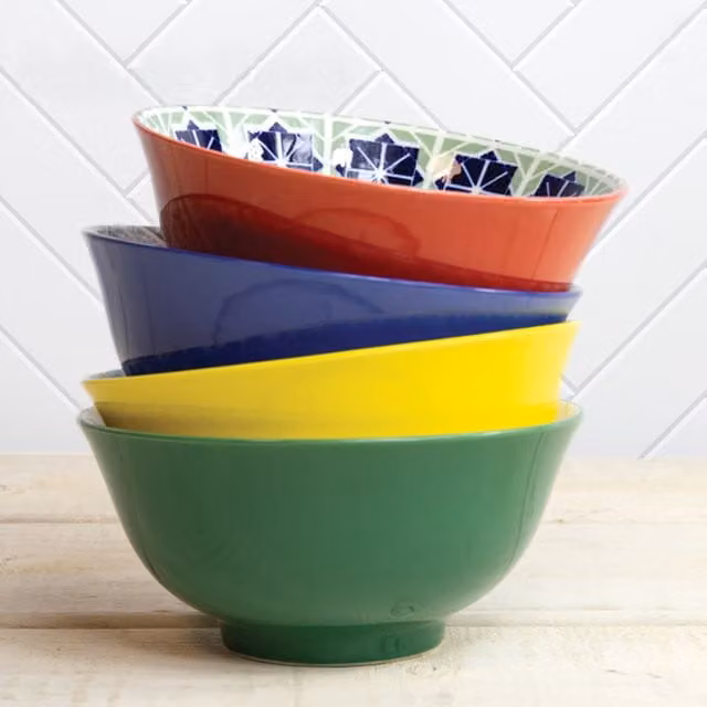 KitchenCraft Set of 4 Geometric Patterned Ceramic Cereal Bowls in Green, Blue, Yellow and Gold