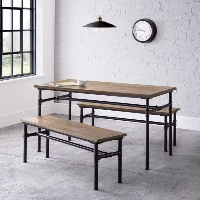 Julian Bowen Carnegie Rectangular Dining Table and Benches Set in Brown Wood and Metal