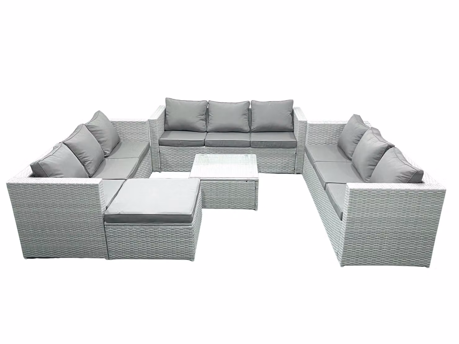 Fimous 10 Seater Rattan Garden Furniture Set in Light Grey with Upholstered Cushions, Ottoman and Coffee Table – 2