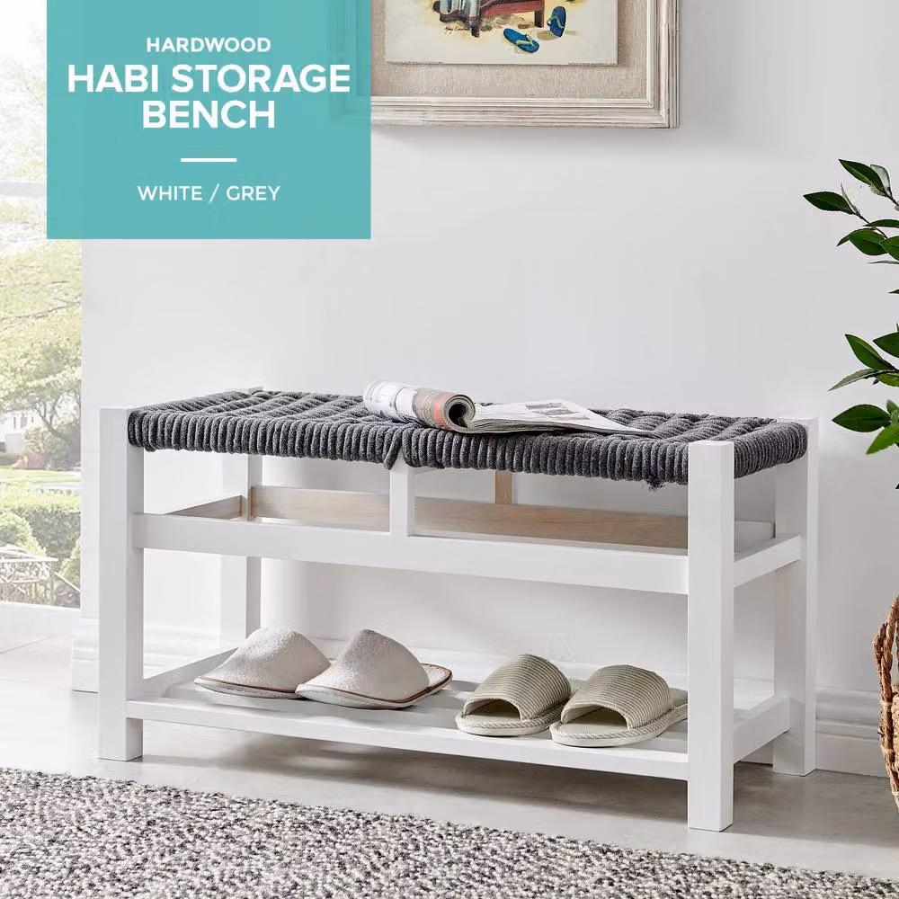LIVIVO Habi Scandinavian Style Hallway Shoe Bench in Grey and White with Rattan Fabric Storage – 2