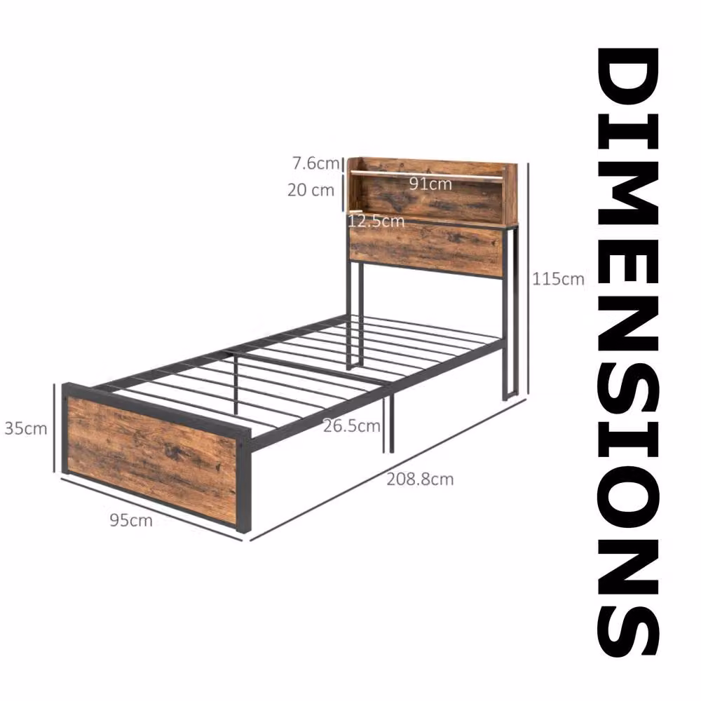 Pirlo Plush Single Industrial Bed Frame with Headboard and Side Compartment Storage in Brown and Black – 5
