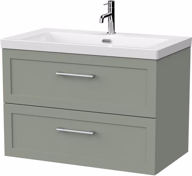 Balterley Stonnall Wall Mounted 2 Drawer Vanity Unit and 1TH Fireclay Basin, Reed Green, Width: 80 cm – 1