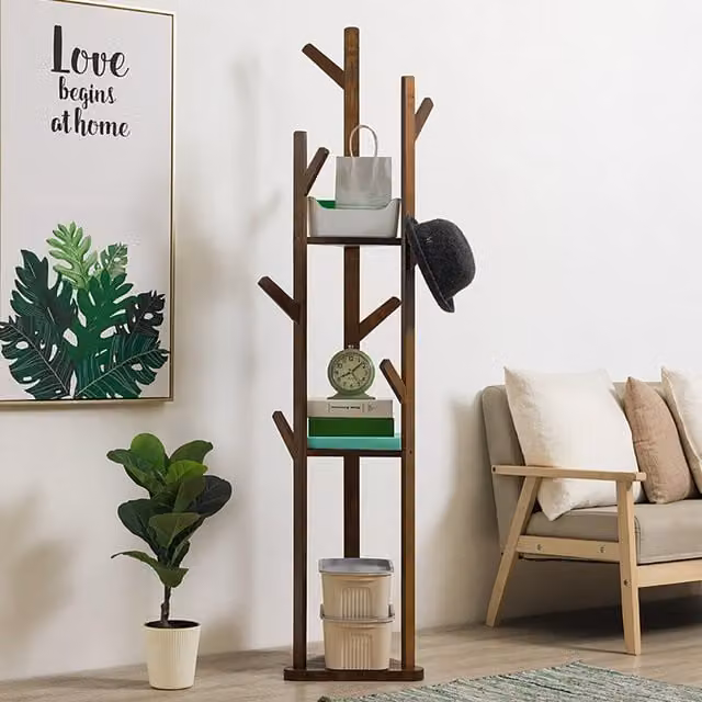 Livingandhome Brown Wooden Coat Rack with Hooks, Height: 165 cm
