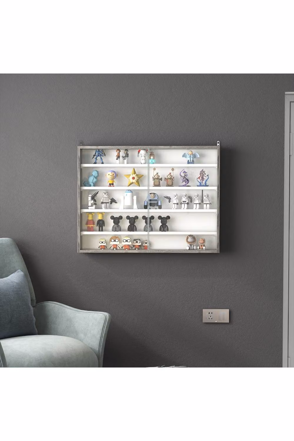 ERGOVEXA 5-Tier Wall Mounted Display Shelf Unit with Glass Doors, Grey Wood Grain – 3