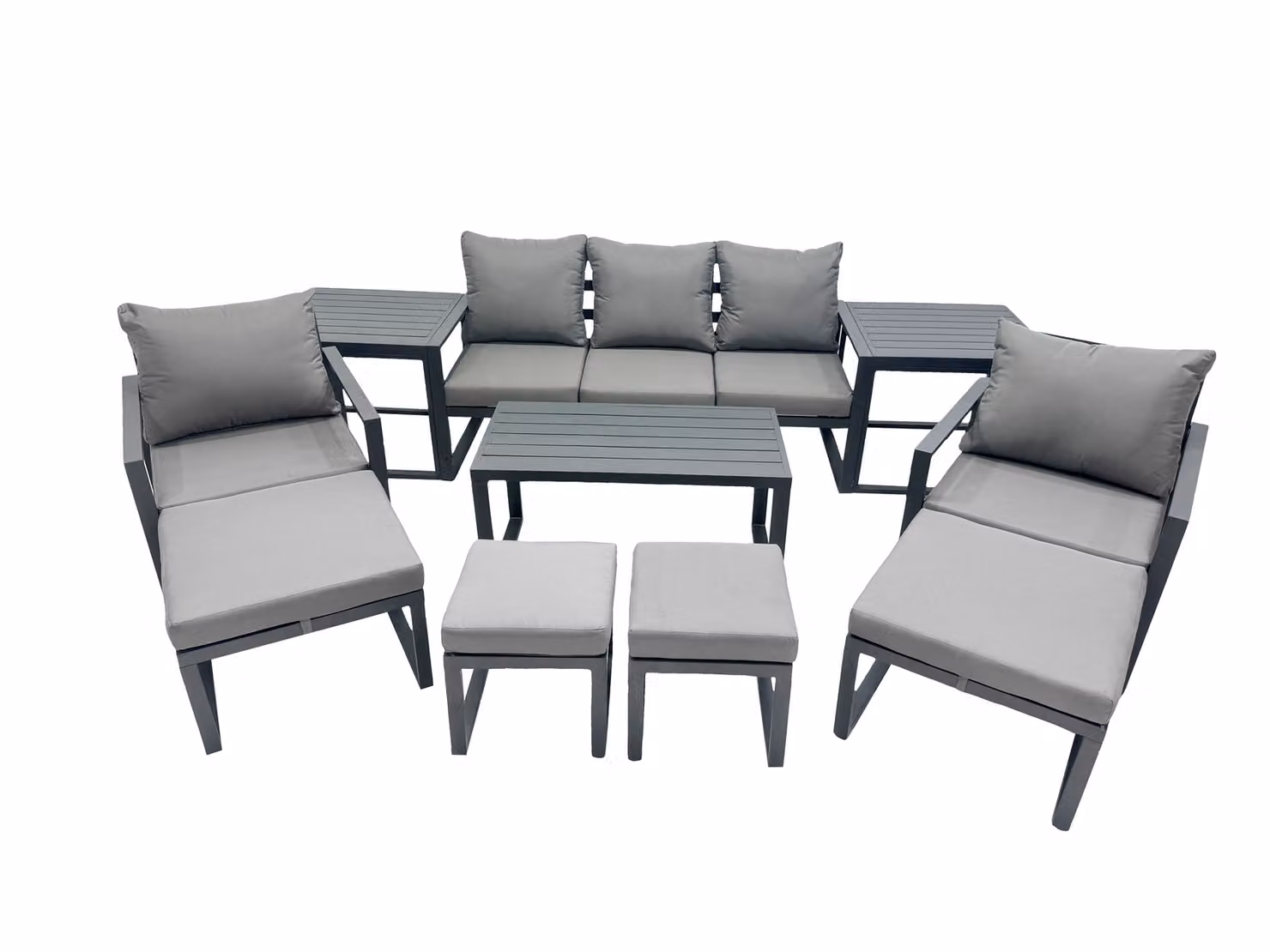 Fimous 9 Seat Aluminium Lounge Set in Dark Grey with 3 Seater Sofa, Coffee Table and 4 Stools – 2