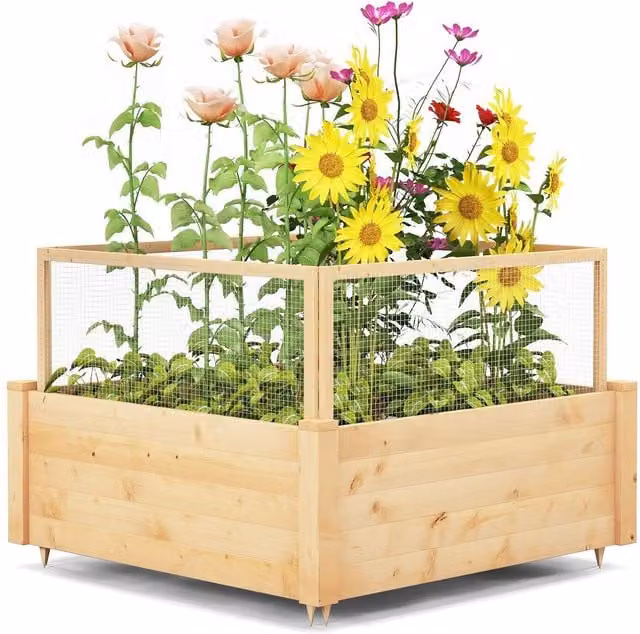 Costway Wooden Elevated Square Raised Garden Bed with Fence in Brown and Sand