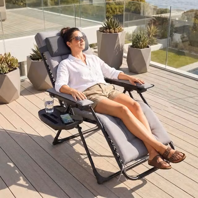 Outsunny Zero Gravity Sun Lounger with Cup Holder and Cushion in Dark Grey and Light Grey