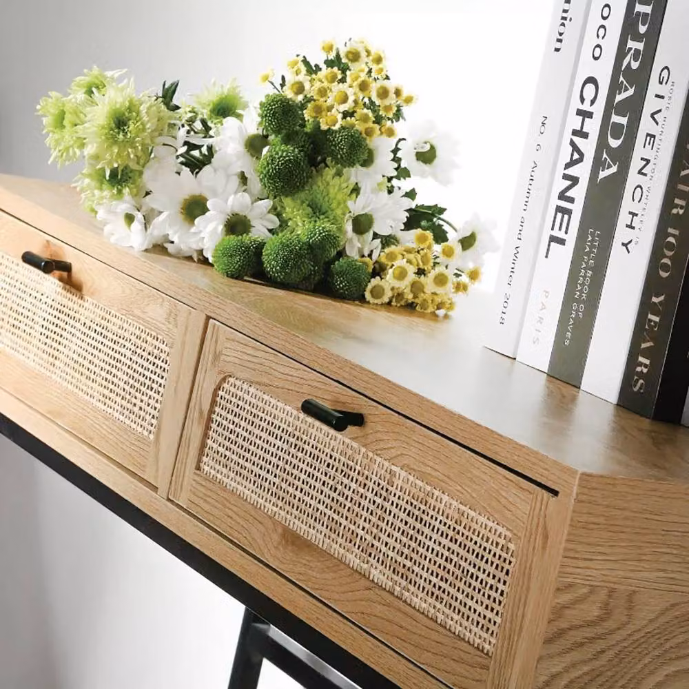 CALICOSY Jaya 2-Drawer Rattan Cane Console Table in Light Brown, W: 100 cm, D: 35 cm, H: 80 cm – 5