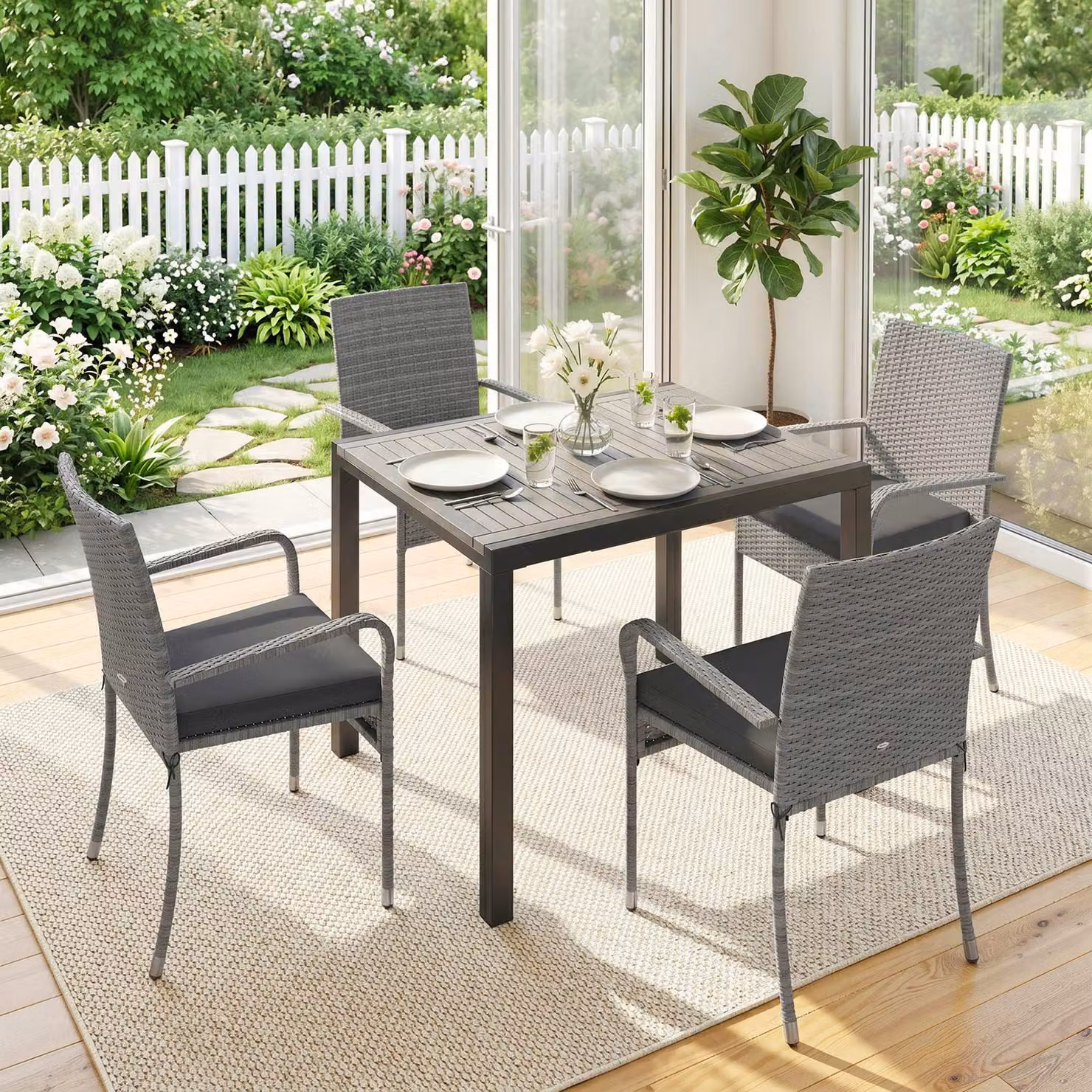 Outsunny 7 Piece Grey Rattan Garden Furniture Set with Extendable Acacia Wood Tabletop and 6 Stackable Chairs – 6