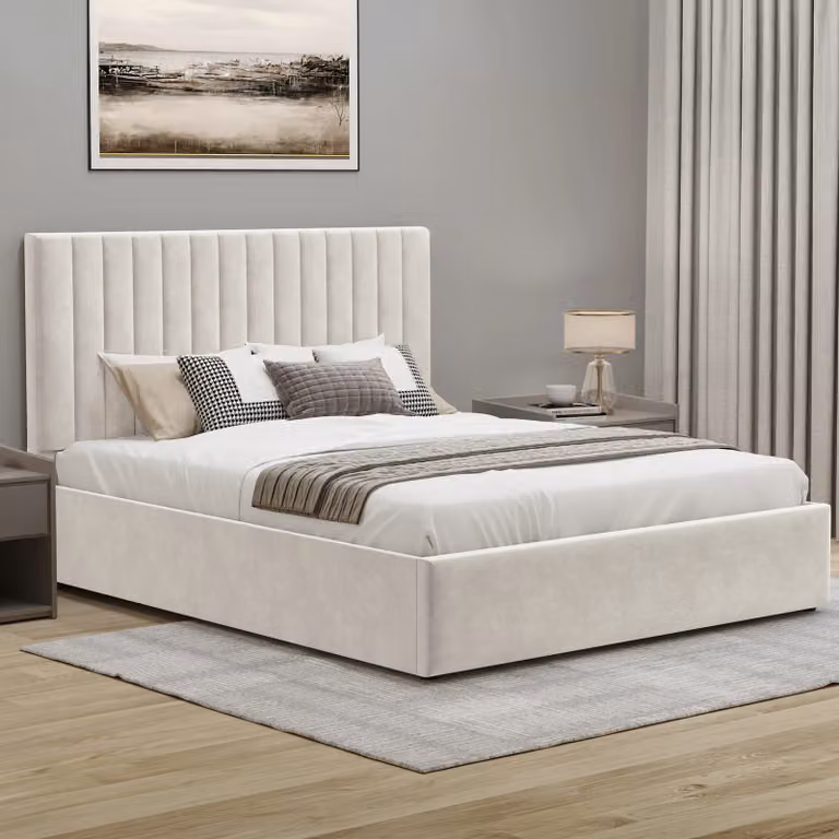 DHS Vertical Line Velvet Ottoman Storage Bed Frame in Beige, Small Double (120 x 200 cm)