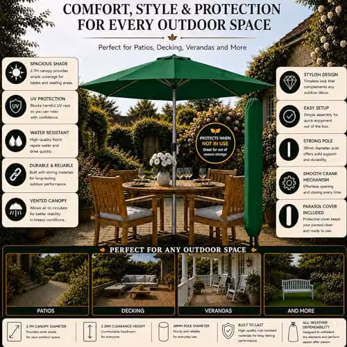 GlamHaus Green Garden Parasol with UV40+ Protection and Aluminium Frame, Diameter: 2.7 m – 3