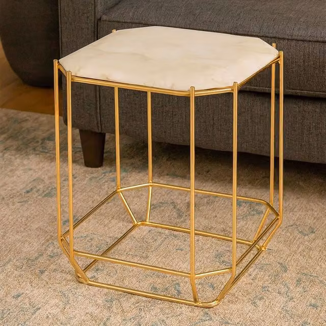 Orsina White Marble Top Square Side Table with Gold Geometric Frame – 1