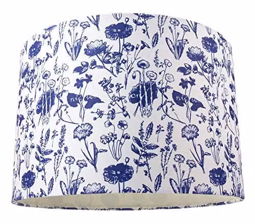 Happy Homewares White Cotton Cylinder Drum Lamp Shade with Blue Floral Decoration and Inner Lining