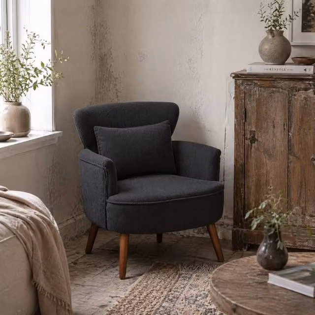 Wyld Haus Mielyo Black Corduroy Retro Accent Armchair with Solid Wood Frame, W/D/H: 78.0 x 69.0 x 69.5 cm – 1