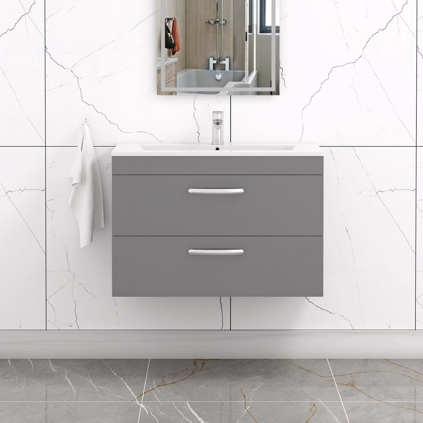 Royal Bathrooms Turin 800mm Wall Hung Vanity Unit in Indigo Grey Gloss with 2 Drawers