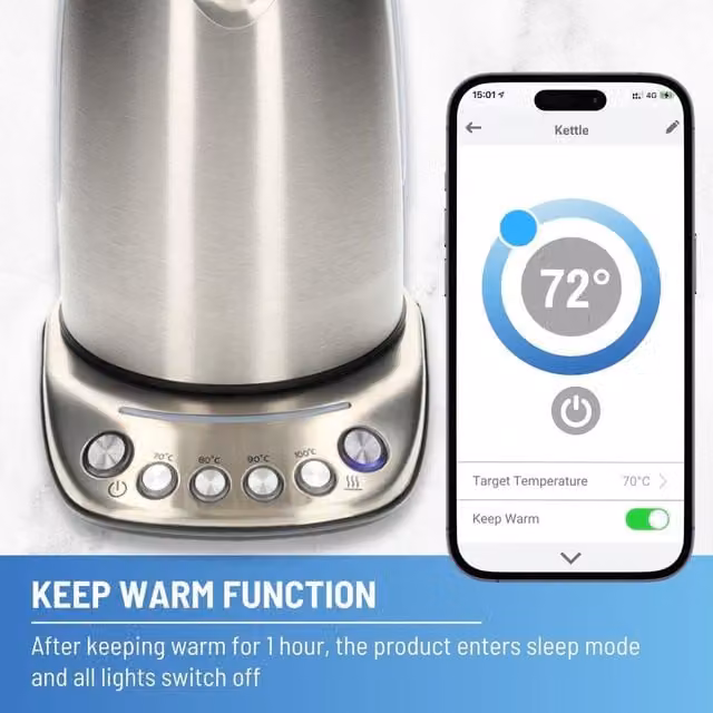 Nedis Smart Wi-Fi Stainless Steel Kettle, 1.7 l, Silver/Grey, 2200W with App Control