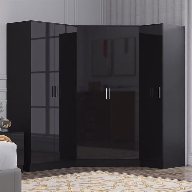 REFLECT Bedroom Wardrobe Door Bundle: 2 Door Corner, 2 Door Plain and 1 Door Plain in Black Gloss and Matt Black