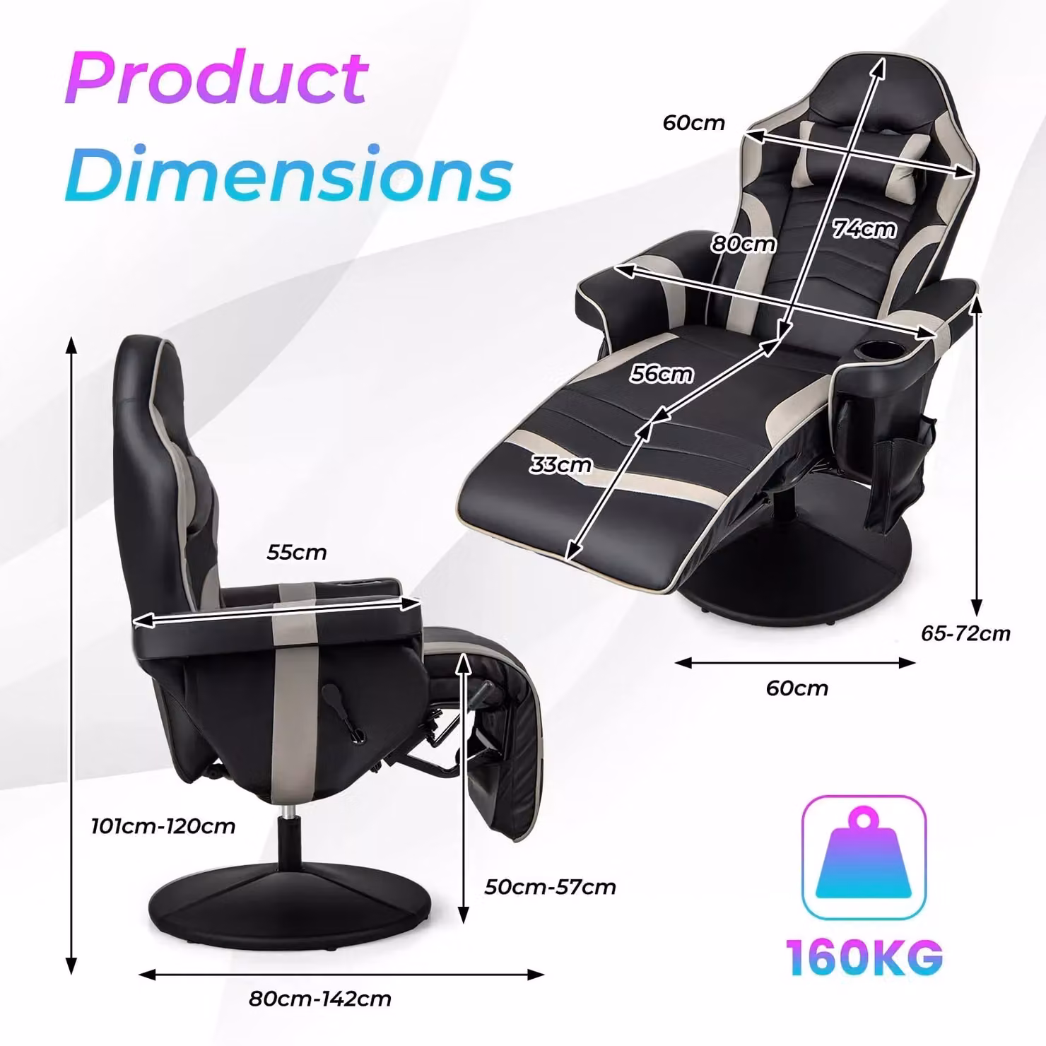 Costway Grey PU Leather Massage Gaming Chair with Adjustable Height, Swivel Function and Armrests – 2