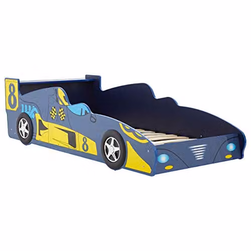 Premier Housewares Blue and Multicolour Racing Car Bed for Children with Side Compartments and Bedside Shelf, W/D/H: 90 x 190 cm – 1