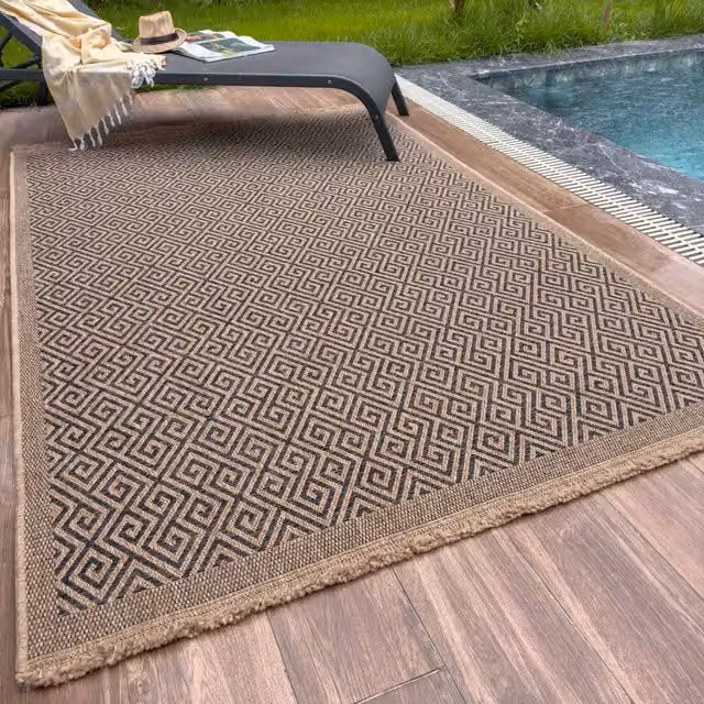 THE RUGS Greek Key Design Jute-Look Outdoor Rug in Dark Grey and Beige, W: 200 cm, D: 290 cm
