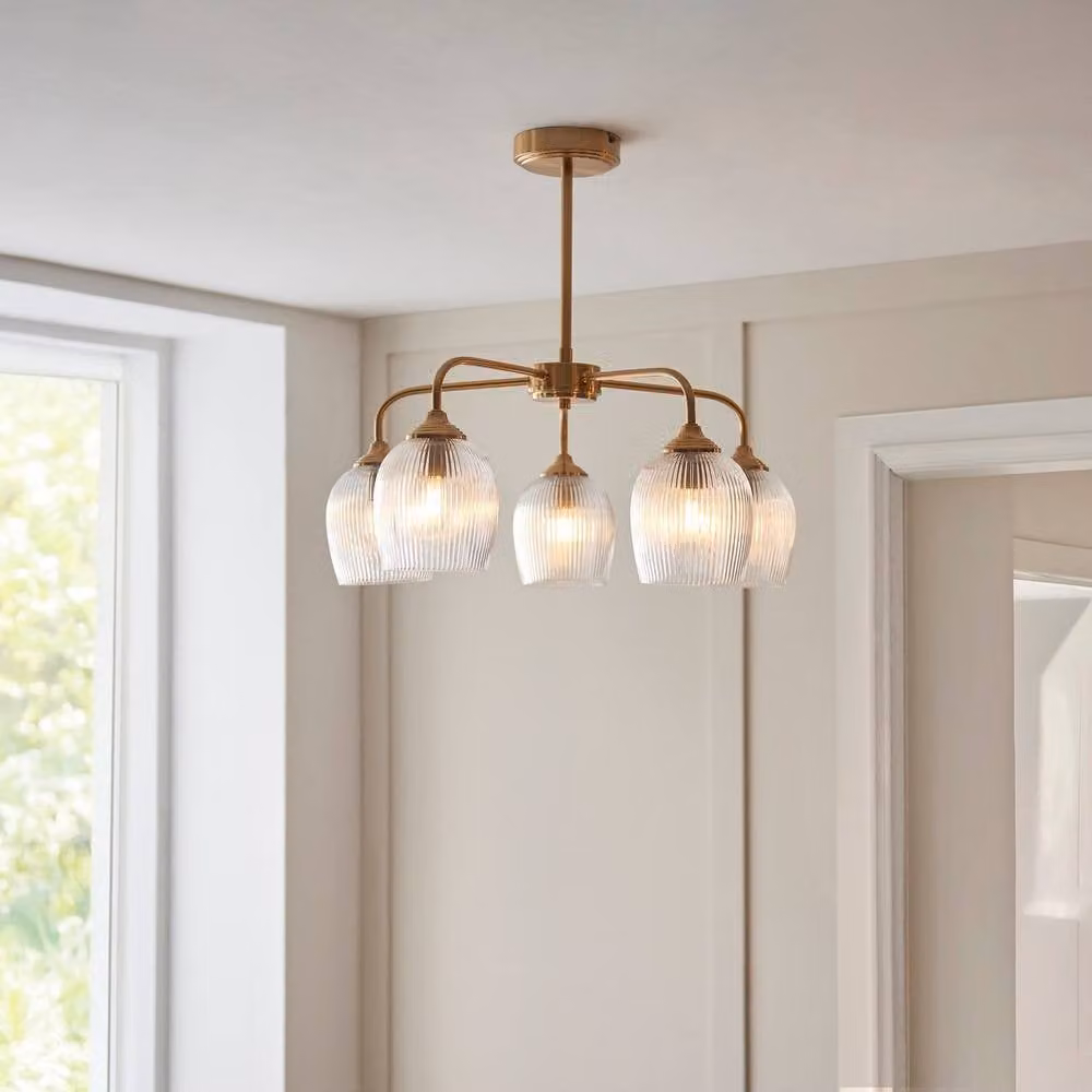 Netlighting Ashcroft Ribbed Multi Arm Pendant Light with Transparent Glass Shades in Gold/Brass, 5x E14 – 2