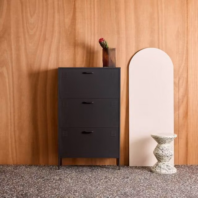 sweeek Industrial Metal Shoe Cabinet with Roll Shutter Doors and Tilting Compartments in Black and Beige, W/D/H: 80.0 x 29.0 x 132.5 cm