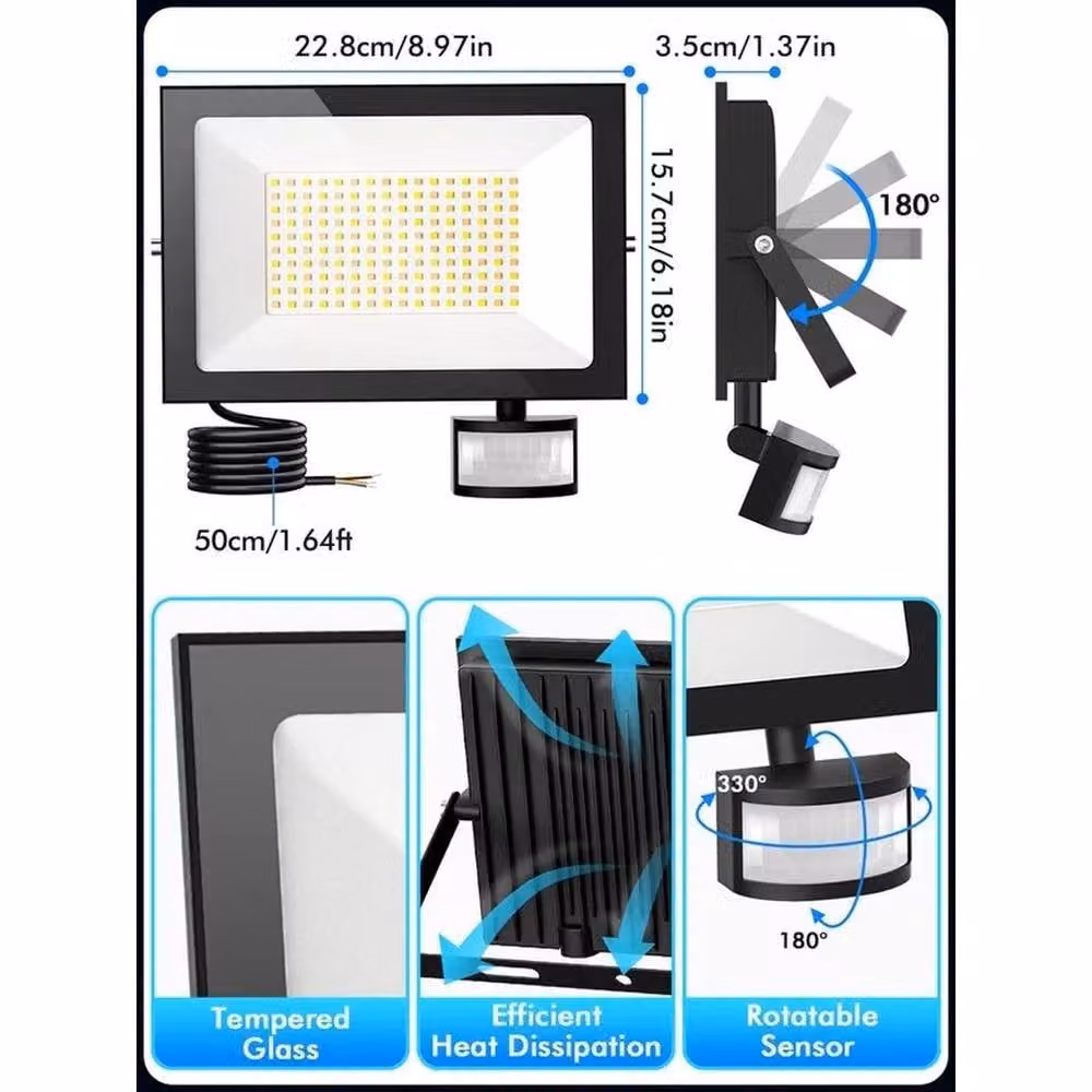 KORVIXA 100W LED Outdoor Floodlight with PIR Motion Sensor, Dimmable and Remote Control, IP66 Waterproof, Black – 3