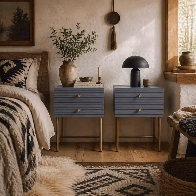 Wyld Haus Lika Set of 2 Grey and Gold Bedside Tables with Ribbed Drawers – 1