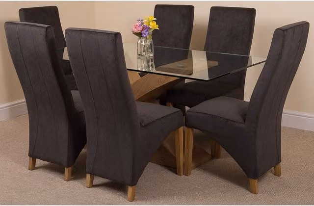Thats Furniture Valencia Glass Dining Table and 6 Lola Black Fabric Chairs Dining Set, W: 160 cm, D: 90 cm
