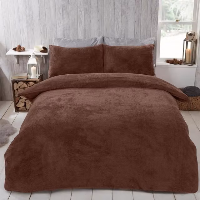 Brentfords Brown Teddy Fleece Duvet Cover and Pillowcase Set, 200 x 200 cm