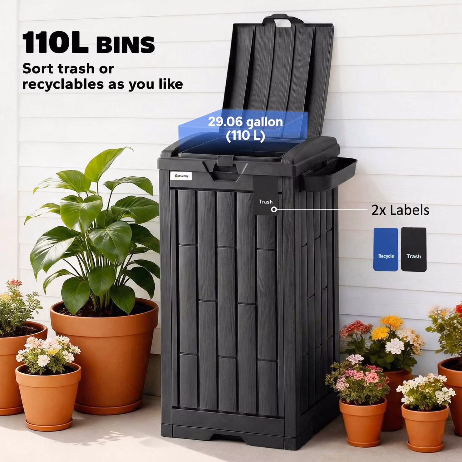 Outsunny 110 L Outdoor Plastic Bin with Dual Lid and Ashtray, Black – 4