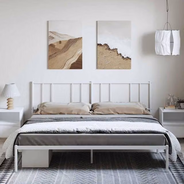 Berkfield Home Metal Bed Frame with Headboard in White, W/D/H: 193 x 198 x 90 cm