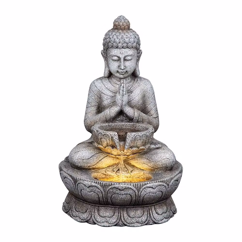 Primrose Praying Buddha Tabletop Water Feature with LED Lights in Grey – 3